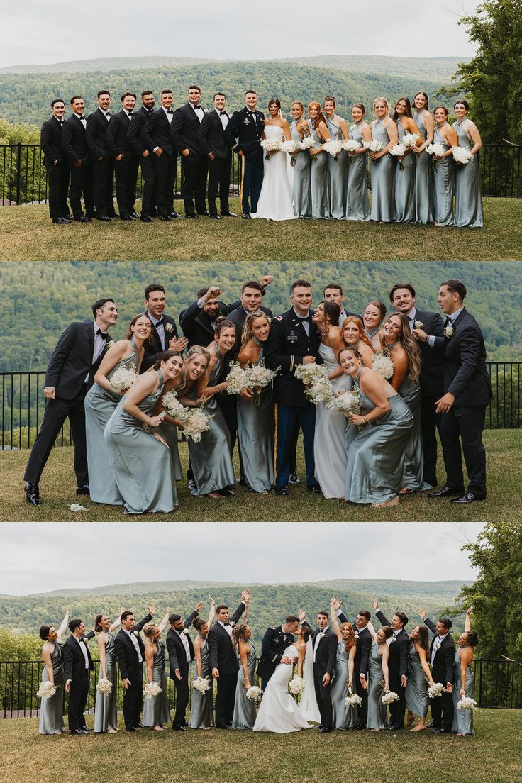 the wedding party is posing for pictures together