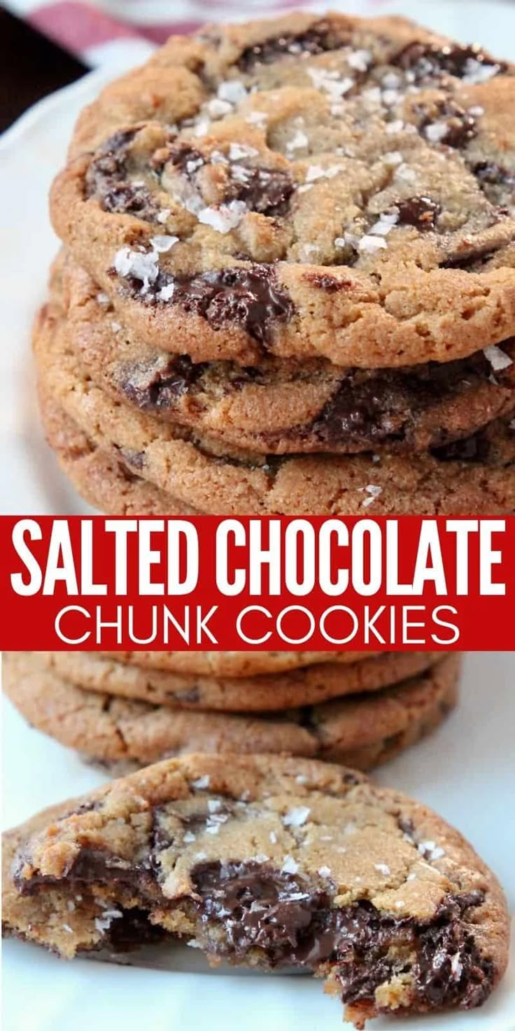 salted chocolate chunk cookies stacked on top of each other