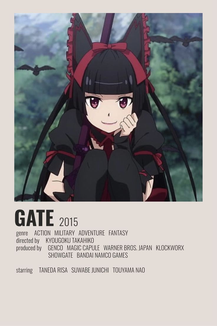 an anime character with black hair and red eyes sitting in front of a poster that says gate