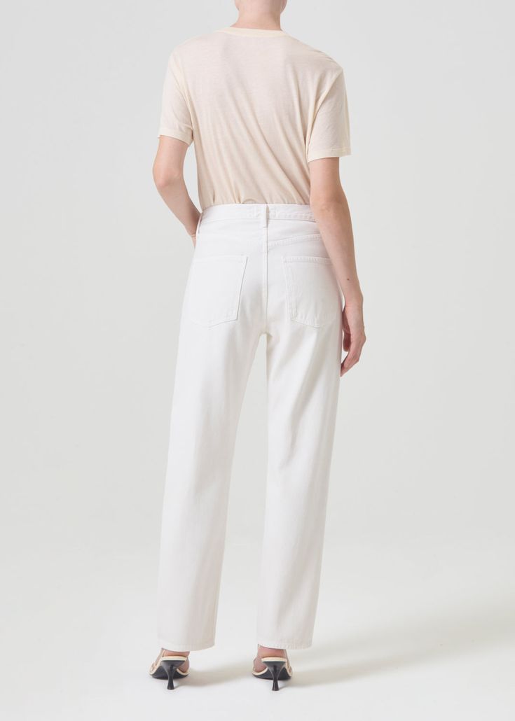 Cue the nostalgia. This 90’s inspired mid-rise is designed to sit relaxed on the waist with an eased up fit through the hips, finished with a loose, straight leg. Style back to just about anything, from a classic tee to a chunky knit. Crafted in our signature Organic Cotton, this pair will only get softer with each wash. For the shorter inseam, shop the 90's Crop. This fit is intended to be relaxed. Size down for a higher, closer fit. Looks Like: Eggshell warm white Feels Like: Midweight zero-st Chic Summer Jeans With Straight Hem, Elevated Casual Pants With Five Pockets, Chic Straight Hem Summer Jeans, Summer Chic Jeans With Straight Hem, Straight Five Pockets Summer Pants, Summer Straight Pants With Five Pockets, Relaxed Fit Cotton Jeans With Straight Hem, Summer Pants With Five Pockets And Straight Hem, Everyday Relaxed Fit Straight Leg Pants