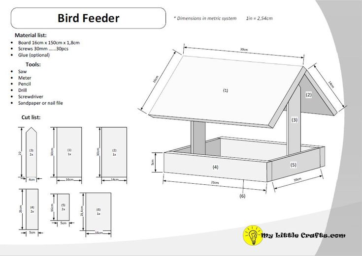 the bird feeder is shown with measurements for it's roof and side walls,