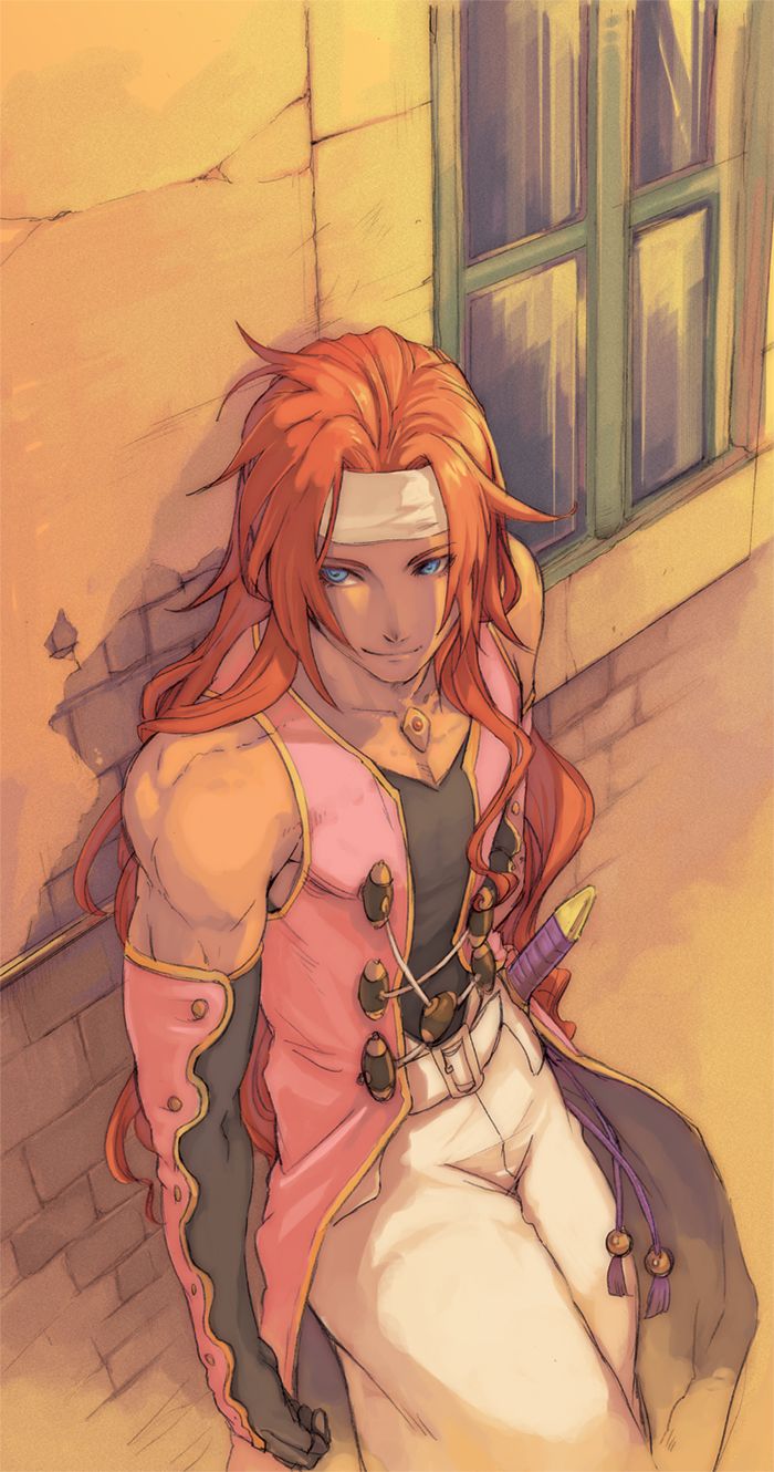 an anime character with long red hair sitting on the ground next to a brick wall