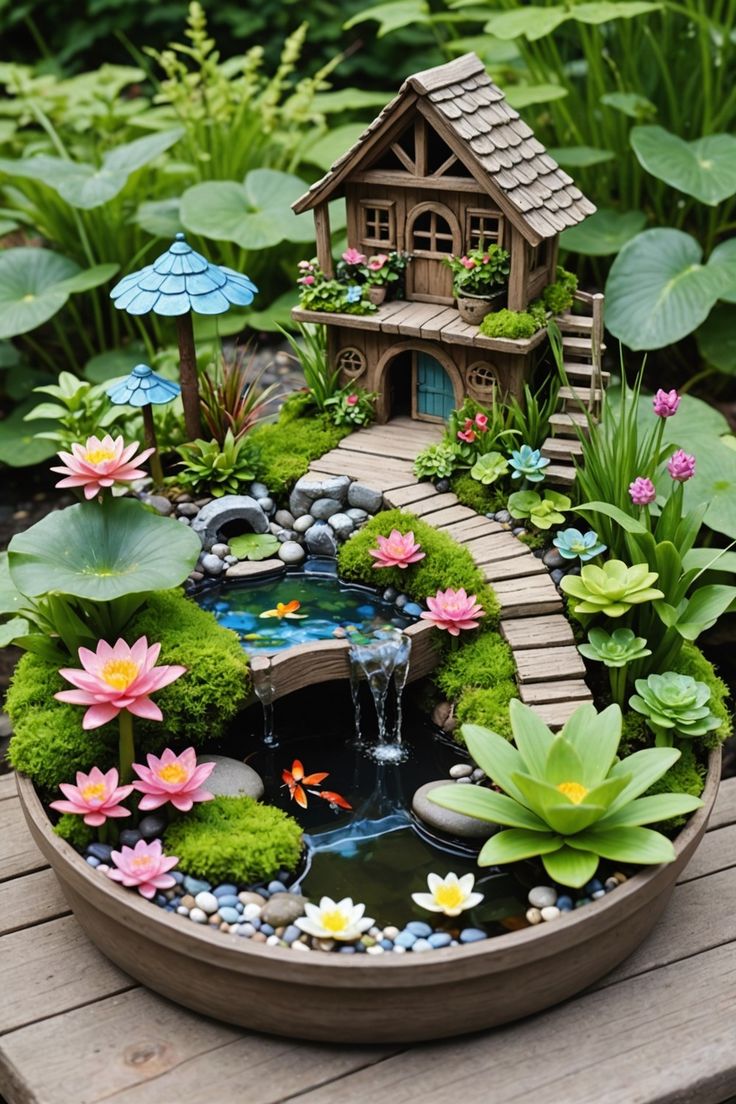 a miniature garden with water lilies and a house