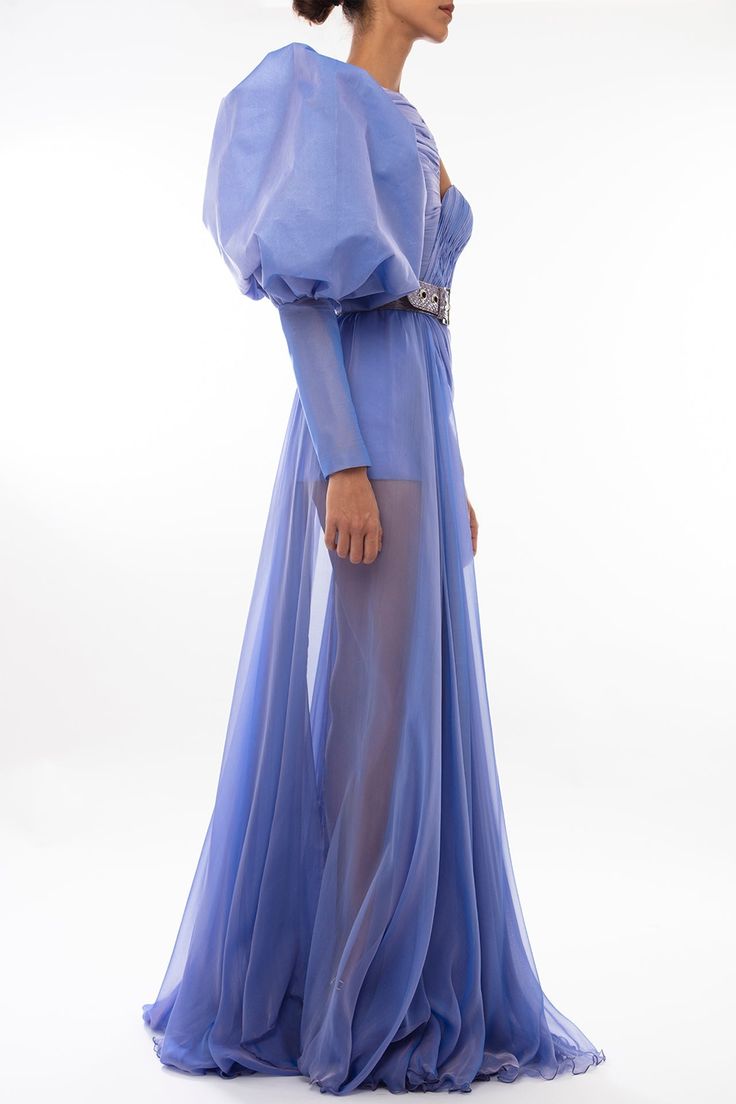 Description Lilac A-line, Long dress Puffed, Long Sleeves Closed neckline Silk Dry Clean Made in Lebanon DC-13 Puffy Sleeves Dress, Puffed Long Sleeves, Pleated Gown, Sleeves Dress, Puffy Sleeves, Lebanon, Fashion News, Long Dress, Lilac