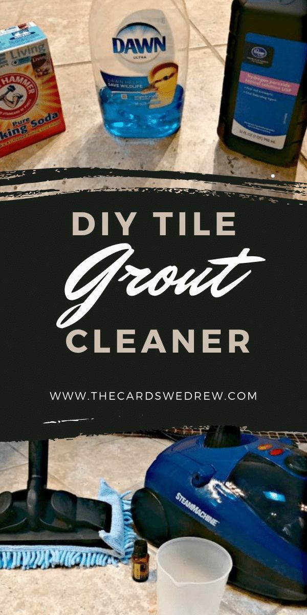 the words diy tile grout cleaner next to cleaning supplies on a tiled floor