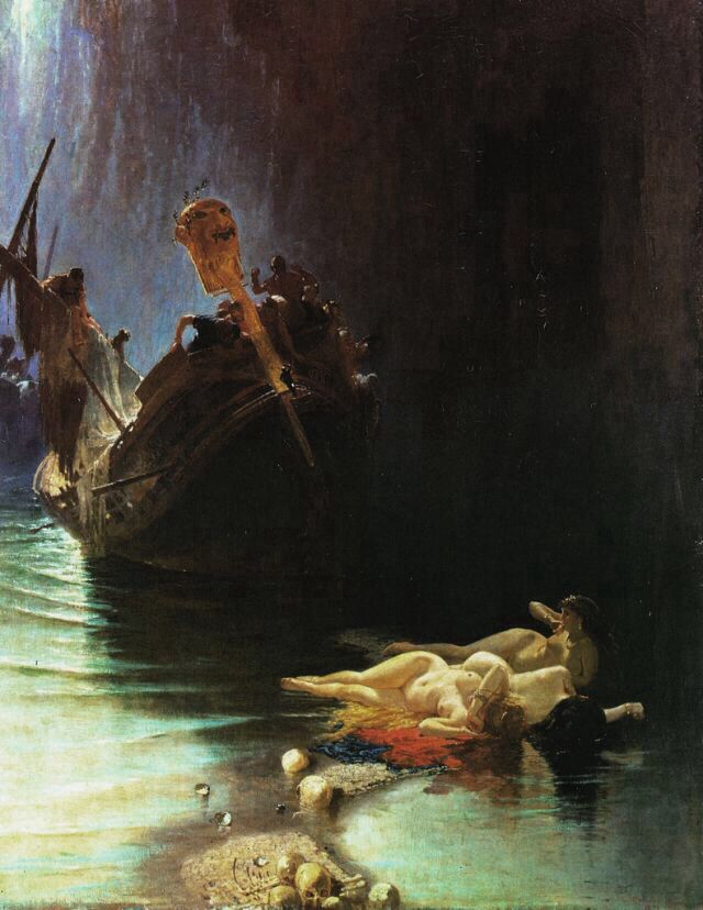 a painting of people on a boat in the water with one person laying down and another standing up