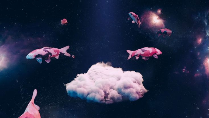 several fish floating in the air with clouds and stars around them on a black background