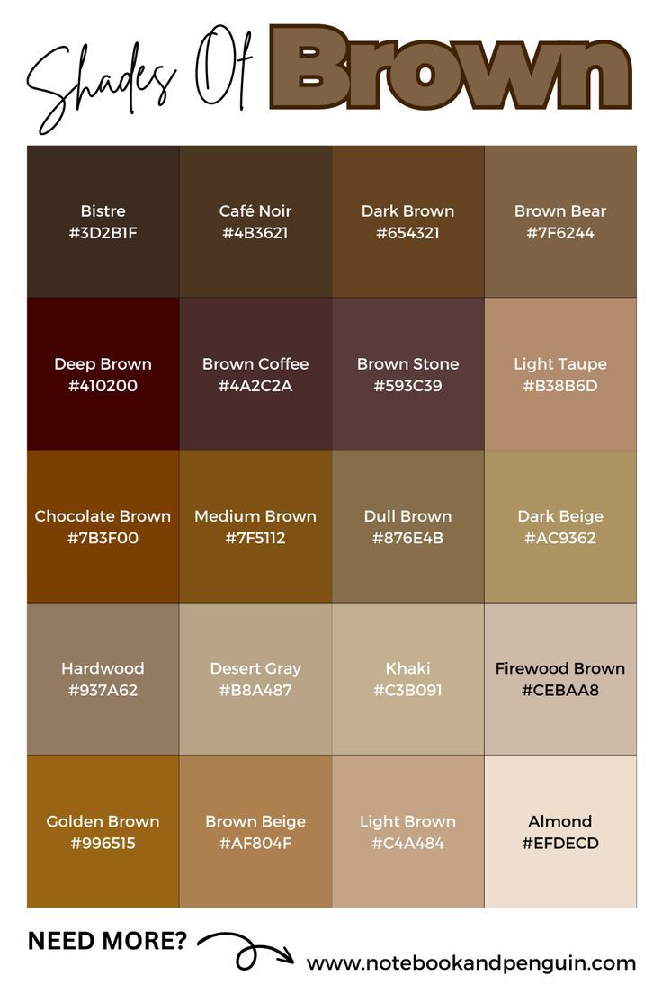 shades of brown with the names and colors for each color in this image, there is a