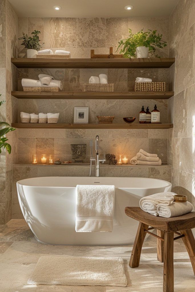 a large white bath tub sitting next to a wooden stool and shelves filled with towels