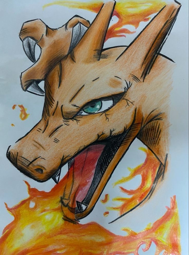 a drawing of a dog with its mouth open and flames coming out of it's eyes