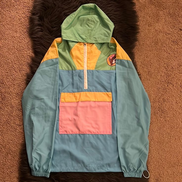 Buc-Ees Lightweight Jacket Multi-Colored Brand New With Tags Casual Long Sleeve Patchwork Windbreaker, Green Color Block Windbreaker For Winter, Green Hooded Outerwear With Color Block, Green Hooded Color Block Outerwear, Hooded Green Color Block Outerwear, Retro Color Block Long Sleeve Outerwear, Color Block Long Sleeve Outerwear For Streetwear, Color Block Long Sleeve Streetwear Outerwear, Green Color Block Long Sleeve Outerwear