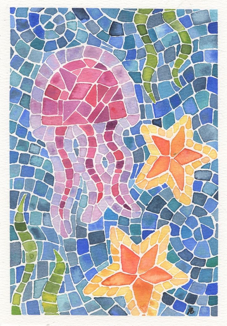 an image of a jellyfish and starfish on a mosaic tile background with watercolors