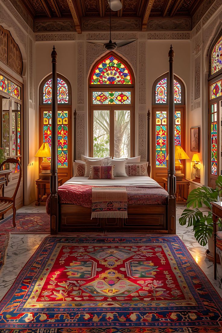 a large bed sitting in the middle of a room with stained glass windows above it