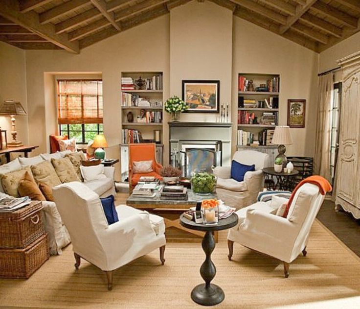 a living room filled with furniture and a fire place in the middle of a room