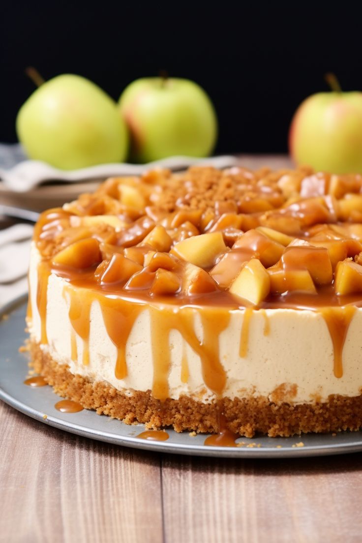 a cheesecake with caramel topping on a plate next to two green and red apples