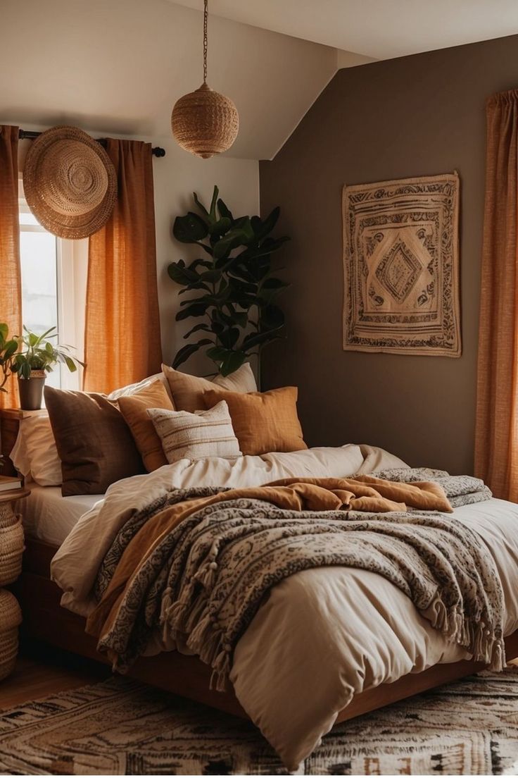 a large bed sitting in a bedroom next to two windows with orange drapes on them