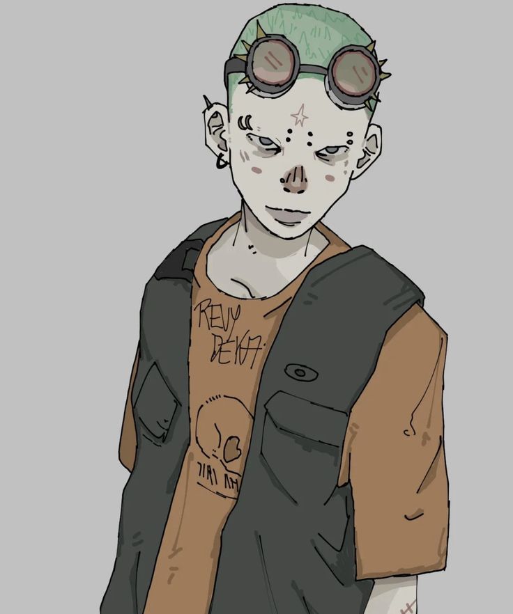 a drawing of a boy with goggles on his head and an eye patch in his shirt