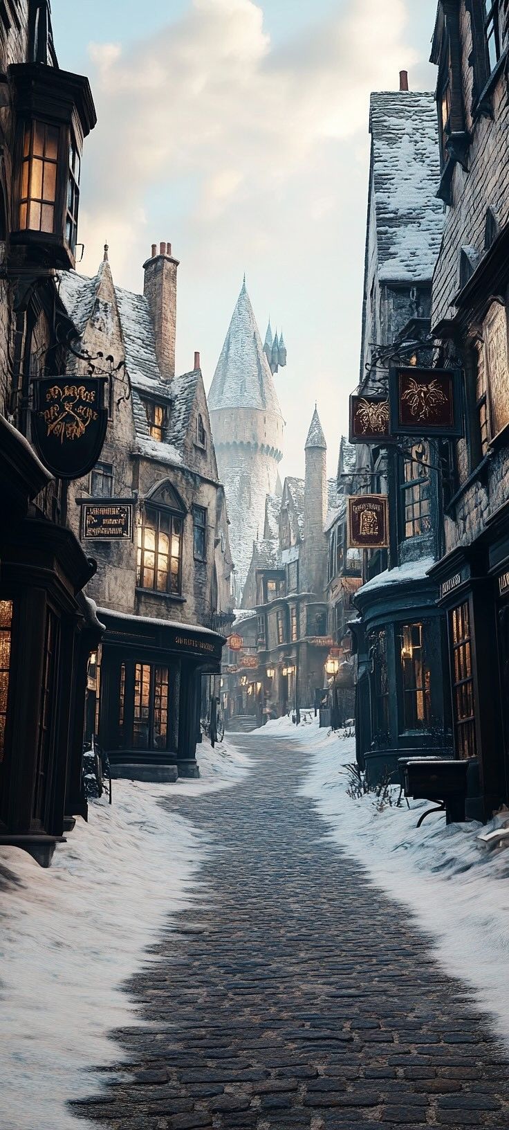 a snowy street lined with old buildings and cobblestone walkways in front of them