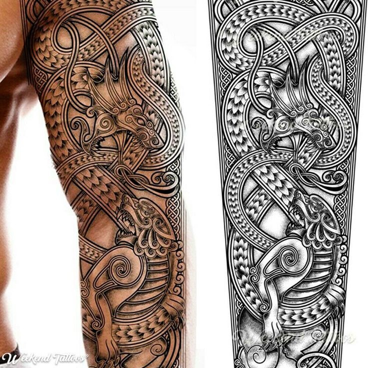 a man's arm with tattoos on it and another image of an intricate design