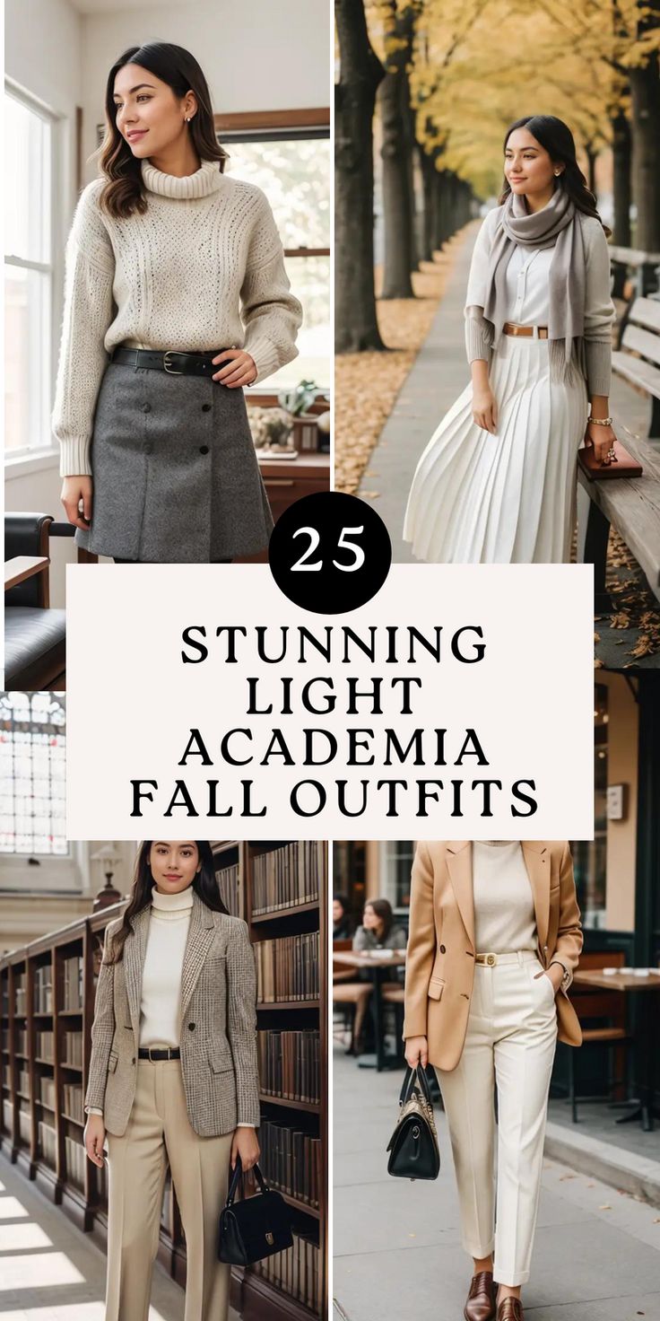 Light Academia Fall Outfits Light Colored Winter Outfits, Academic Winter Outfits, Soft Autumn Office Outfits, Soft Autumn Fall Outfits, Light Academia Capsule Wardrobe, Cute Academia Outfits, Modern Vintage Fashion Outfits, Acadamia Womens Fashion, Light Academia Outfit Women