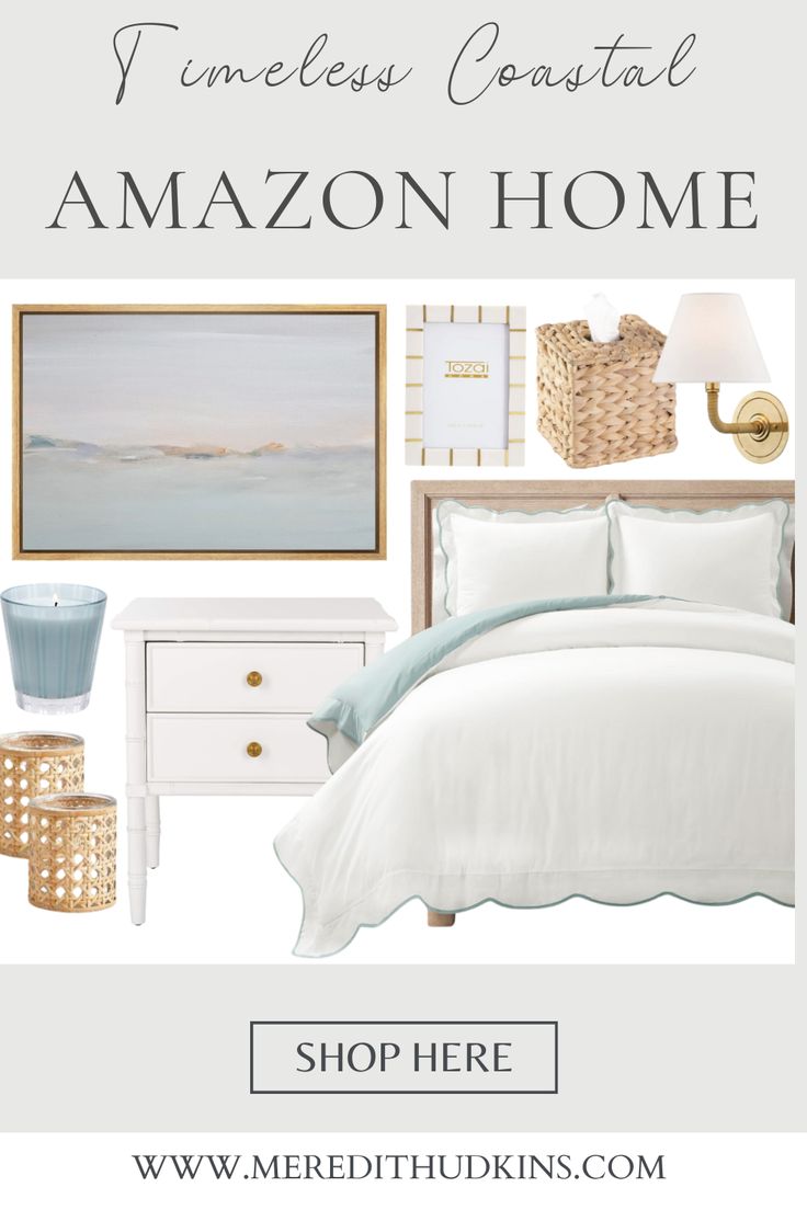 a bedroom with white furniture and blue accents, including an amazon home bedding set