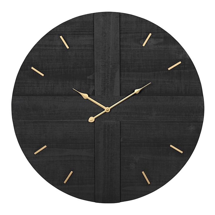 a black clock with gold hands on a white background