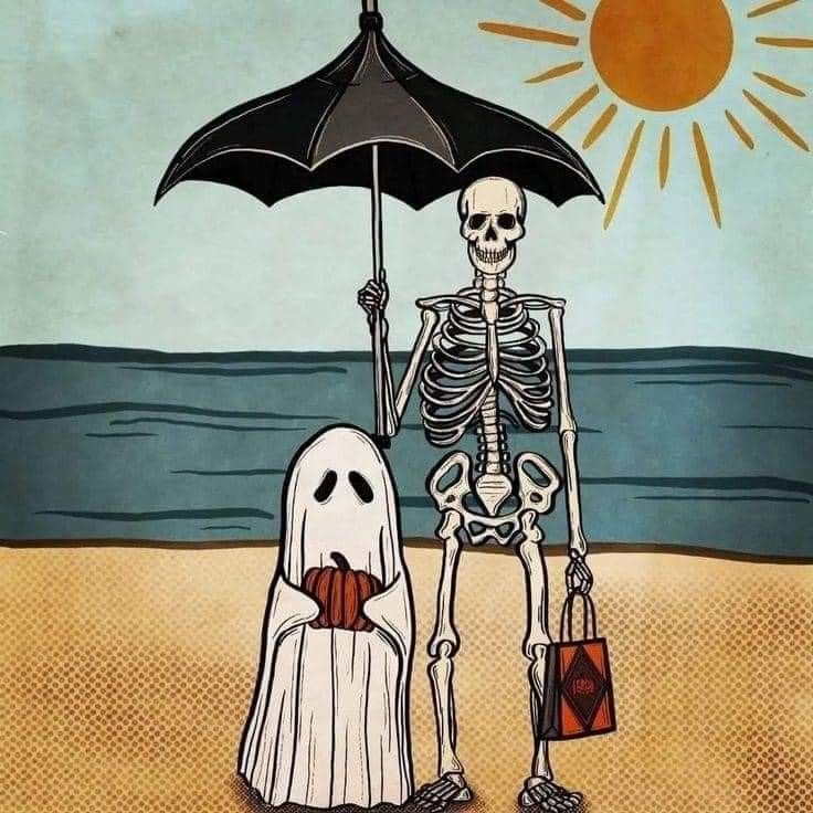 a skeleton holding an umbrella standing next to a white ghost on a beach with the sun in the background