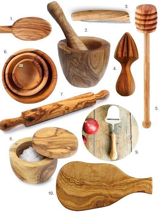 various wooden utensils and spoons are arranged on a white background with information about them