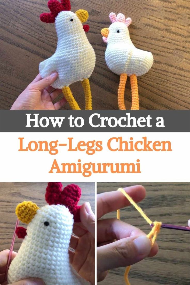 two crocheted chickens are shown with the text how to crochet a long - legs chicken amigurmi