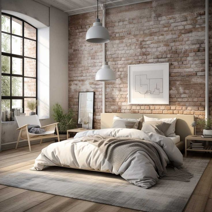 a bedroom with brick walls and wooden flooring is pictured in this image, there is a bed that has been made