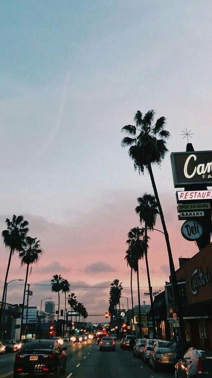 cars are driving down the street in front of some palm trees and buildings at dusk