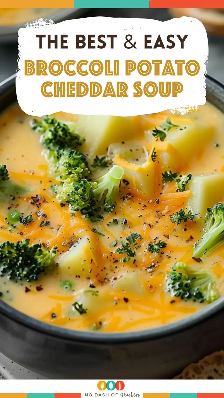 broccoli potato cheddar soup in a bowl with the title overlay