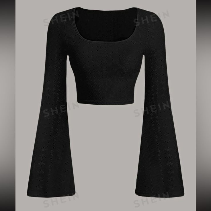 Black Size L (8-10) Super Crop Casual Eyelet Embroidery Slim Fit Knitted Fabric Black Stretch Knit Top With Scoop Neck, Black Stretch Crew Neck Knit Top, Black Fitted Top With Scoop Neck, Fitted Black Top With Scoop Neck, Black Fitted Scoop Neck Top, Black Long Sleeve Knit Crop Top, Black Stretch Knit Top, Fitted Black Crew Neck Knit Top, Black Scoop Neck Top For Spring