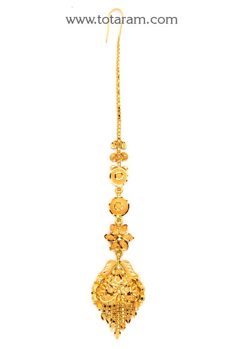 22 Karat Gold Maang Tikka - Papidi Billa - 235-GT400 - in 5.050 Grams for USD $434.84. 
Made in India by Totaram Jewelers Online this product is in Gold - 22 Karat BIS Hallmark 916 KDM Gold  & is an excellent gift for Adult - Women. Ships fully insured with secured guaranteed delivery for free with your order over $250 from New Jersey USA & comes with 30 days exchange policy. Maang Tikka Bridal Gold, Tikka Jewelry Indian Gold, Elegant 22k Gold Tikka For Festive Occasions, Elegant 22k Gold Tikka For Diwali, 22k Gold Tilla Tikka For Wedding, 22k Gold Tikka For Diwali Festival, Ceremonial 22k Gold Tikka, Necklace Set Indian Bridal Jewelry, Tikka Designs