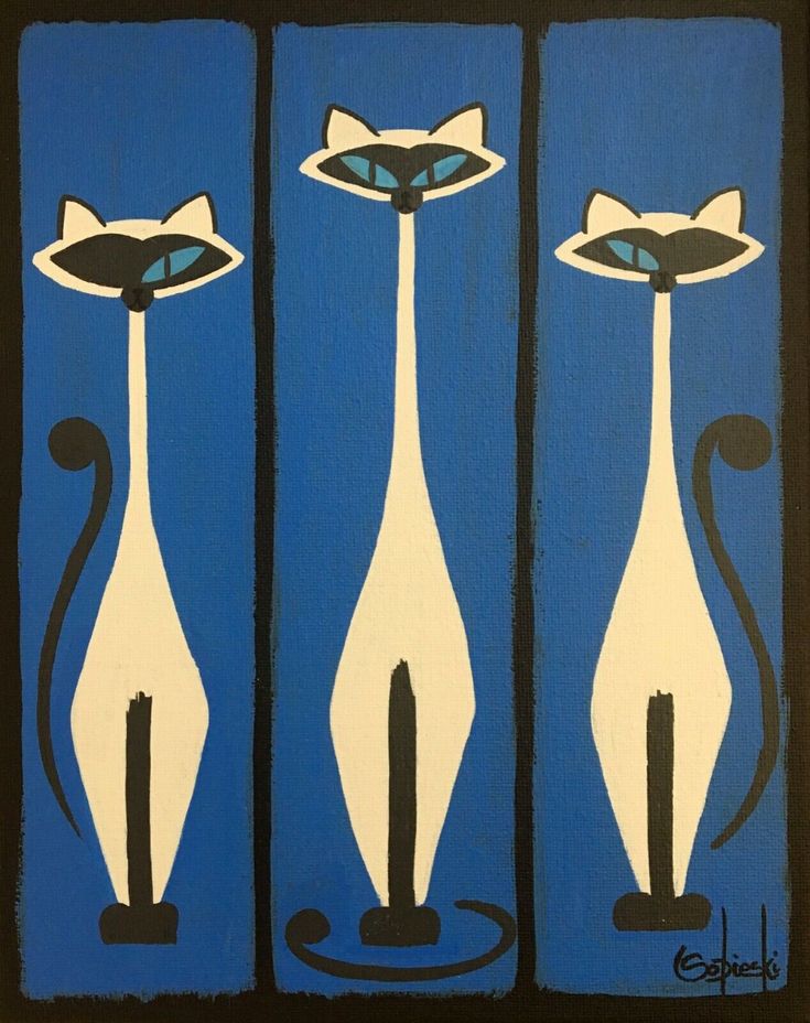 three blue and white paintings with cats on them