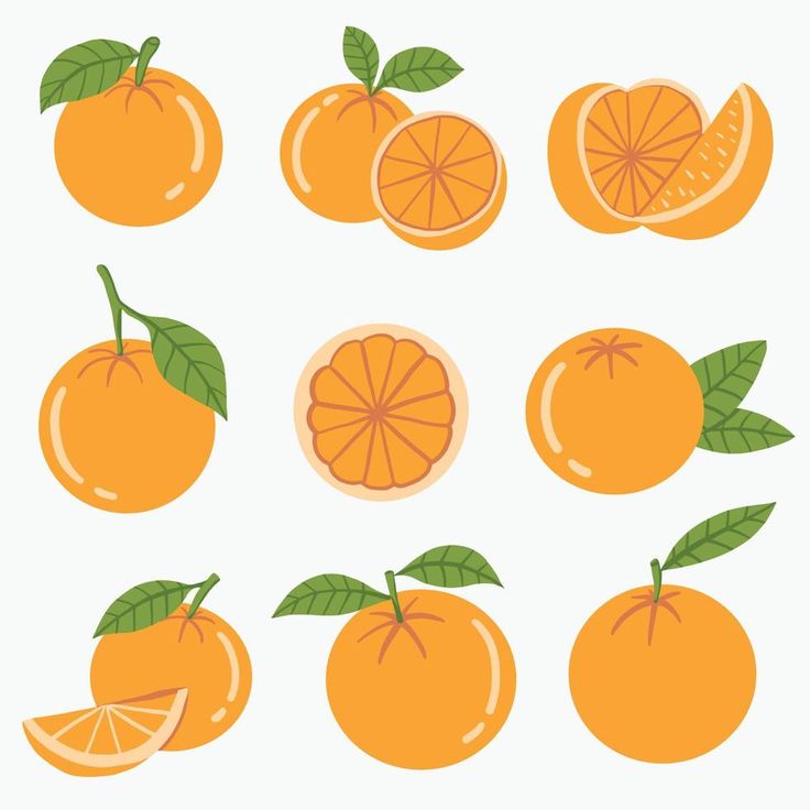 oranges with green leaves and slices on white background