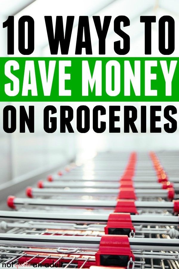 shopping carts with the words 10 ways to save money on groceries in green overlay