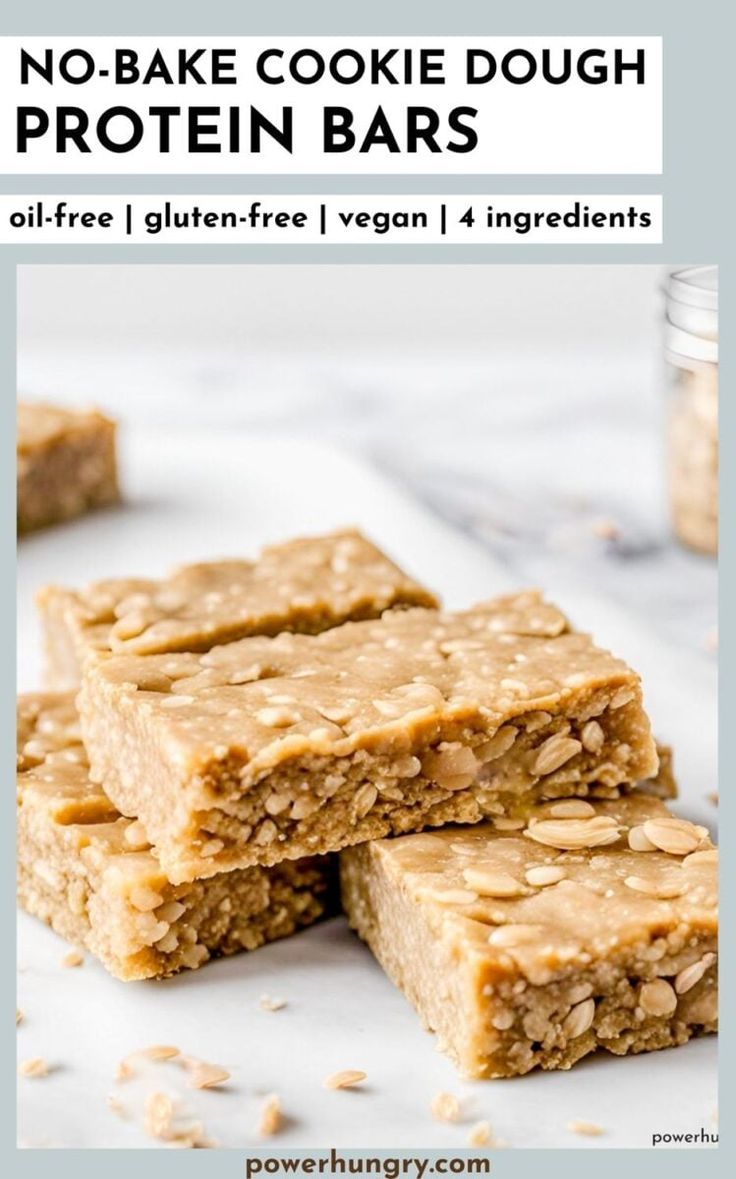 no - bake cookie dough protein bars stacked on top of each other with text overlay