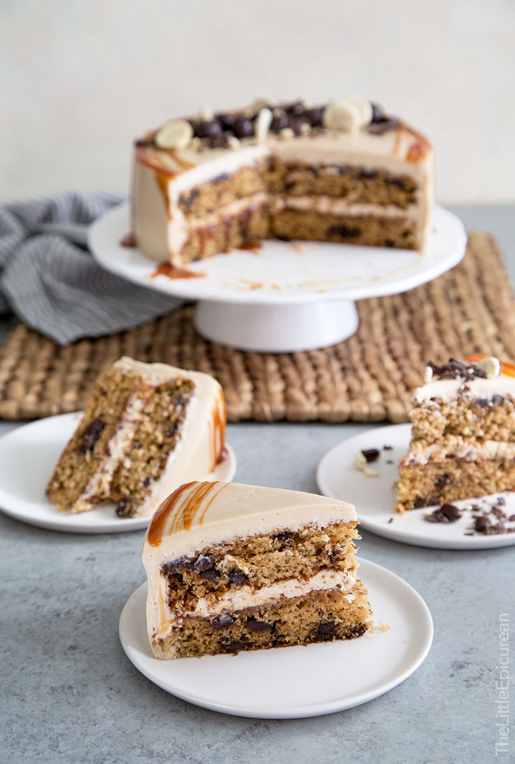 three slices of cake on plates with one slice cut out and the other half eaten