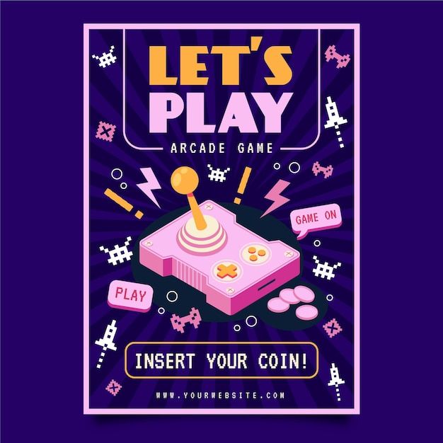 an arcade game poster with the words let's play inside your coin on it