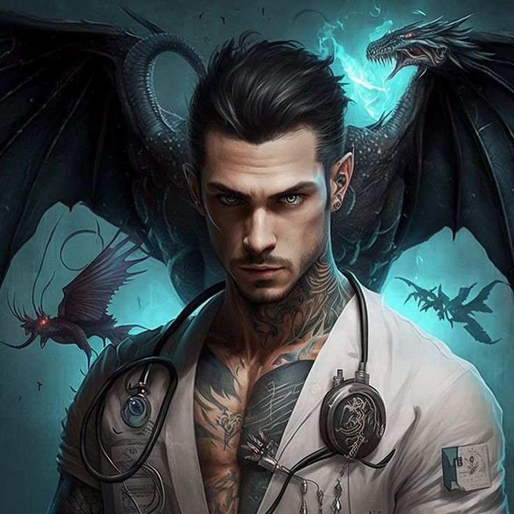 a man with tattoos and a stethoscope on his chest is standing in front of a dragon