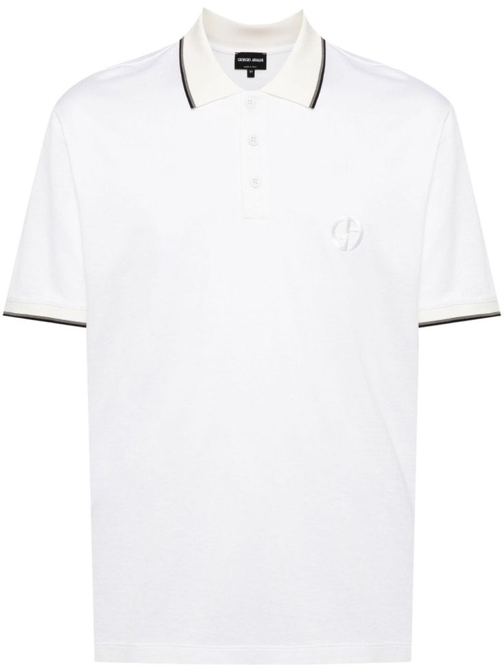 white/black embroidered logo at the chest contrasting trim polo collar short front button fastening drop shoulder short sleeves straight hem Armani Logo, Embroidered Polo Shirts, Contrasting Trim, Polo Shirt White, Polo Collar, Contrast Trim, Polo Shirts, Mulberry Silk, Shirt White