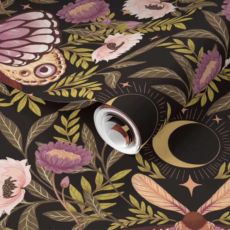 an artistic wallpaper with flowers, butterflies and a crescent in the center on a black background