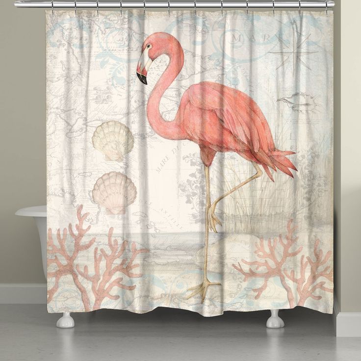 a pink flamingo shower curtain with corals and sea shells on it's sides