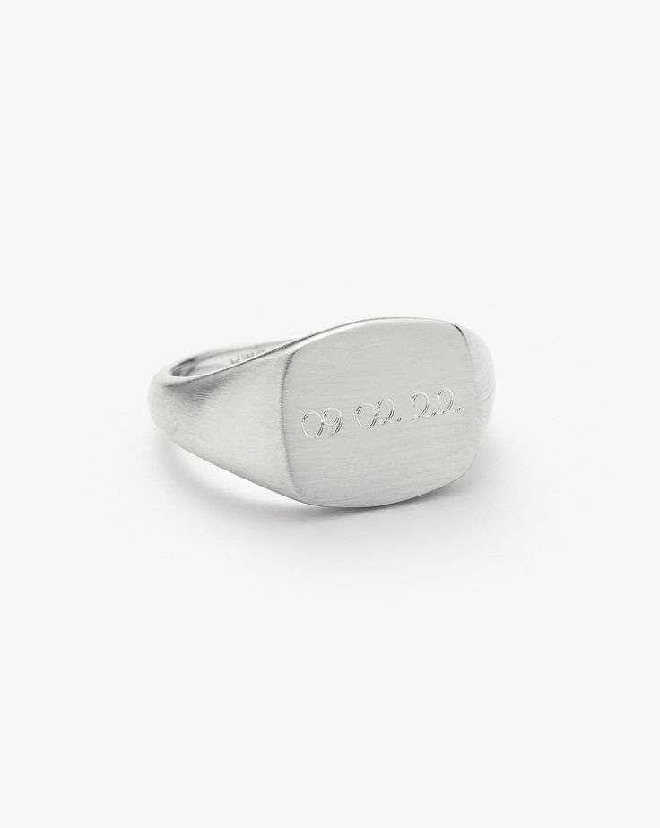 Mens Engravable Signet Ring | Sterling Silver. Handcrafted for Him. The Classic Signet Ring in Sterling Silver is Upgraded with a Brushed Finish and Rounded Edges, Plus It Can be Engraved on Top and on the Band's Outer Sides. Pair with a Chunky Chain Bracelet for a Statement Look. Please Note: Engraving Items May Take 7-10 Working Days to Process. Metal: Rhodium Plated on Recycled Sterling Silver Dimensions: 12. 5mm X 11. 5mm Weight: 7. 5g Product Code: Mj-S-R4-Ns Double Chain Necklace, Gold And Silver Rings, Double Chain, Gold Price, Demi Fine Jewelry, Ring Size Guide, Recycled Sterling Silver, Conflict Free Diamonds, Signet Ring