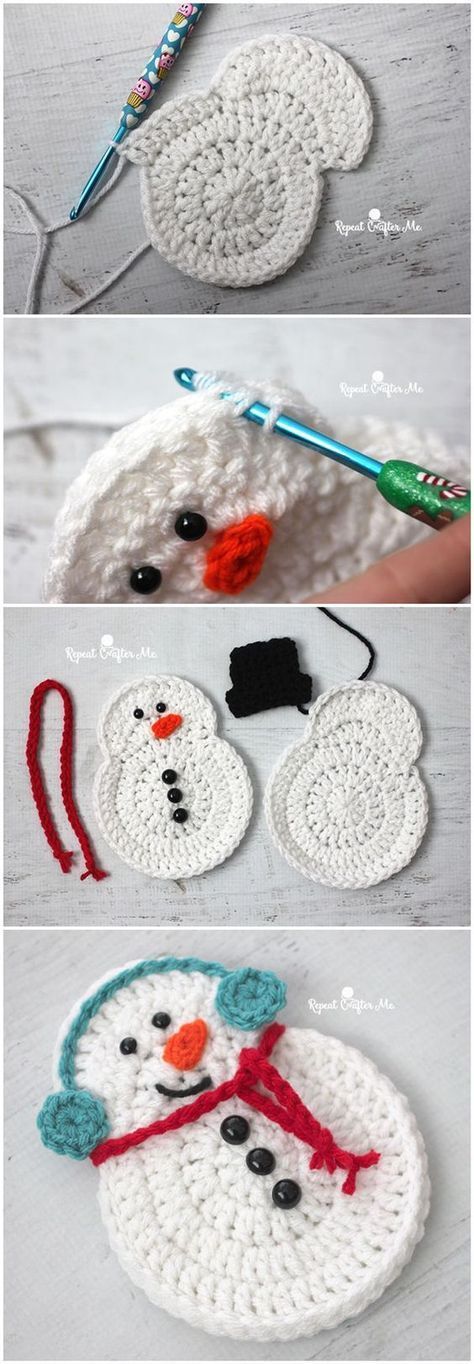 crocheted snowman ornament is shown in three different pictures, including one with