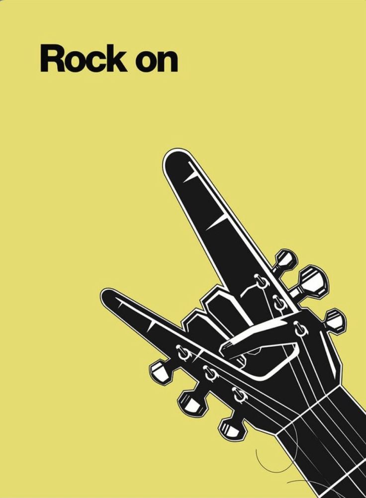 a black and yellow poster with the words rock on written in bold font, above an image of a flying airplane