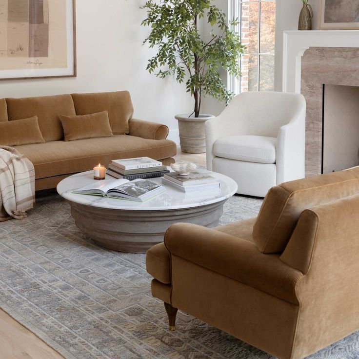 a living room with couches, chairs and a coffee table in front of a fireplace