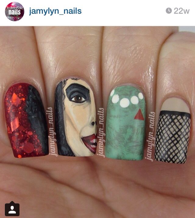 RHPS jamylyn_nails Horror Nails, Wall Mounted Makeup Mirror, The Rocky Horror Picture Show, Nail Polish Trends, Almond Shape Nails, Creative Nail Designs, Rocky Horror Picture Show, Cosmetic Items, Rocky Horror