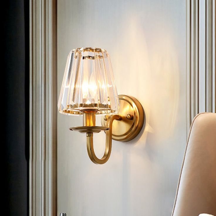 Gold Cone Wall Sconce With Crystal & Arched Arm Crystal Wall Lighting, Crystal Wall Sconces, 아파트 인테리어, Crystal Wall, Light Style, Contemporary Luxury, Wall Mounted Light, Wall Light Fixtures, Lamps Living Room